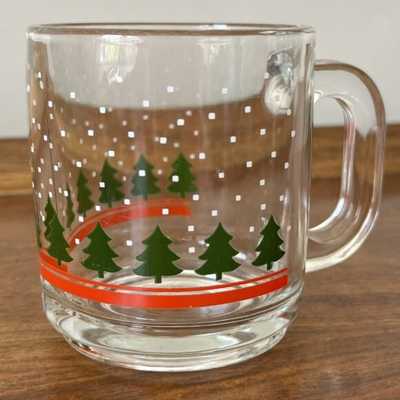 Vintage '80s Libbey "Winterland" Christmas Tree + Snowflake Glass Mug Coffee Cup - Picture 1 of 7